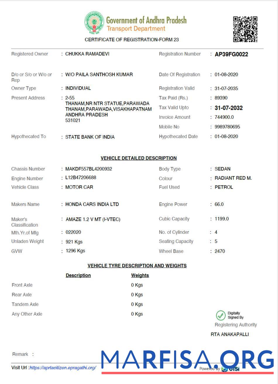 Printable India Andhra Pradesh state vehicle registration certificate sample